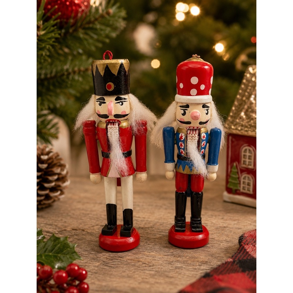 Vintage Wooden Nutcracker Ornaments Set of 2 Hand Painted Christmas Decor